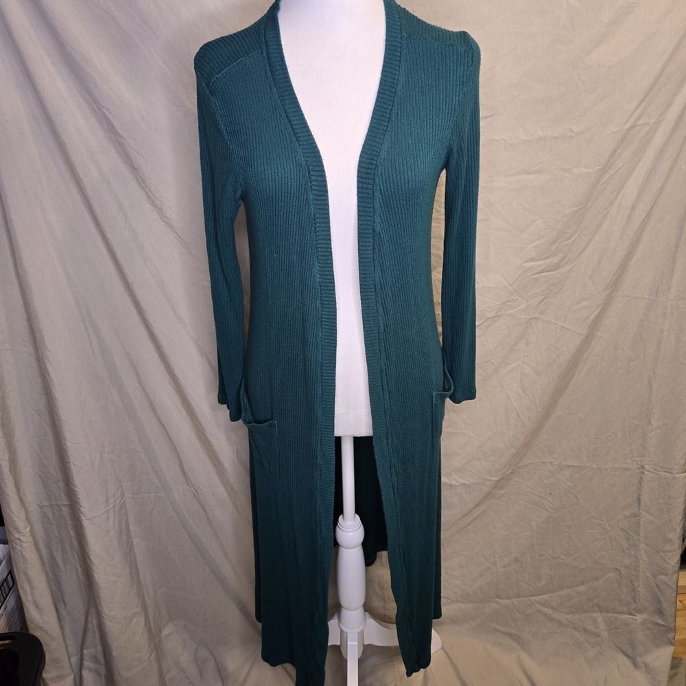Elan Teal Duster Open Cardigan Size Medium Ribbed Long Sleeve Rayon Blend